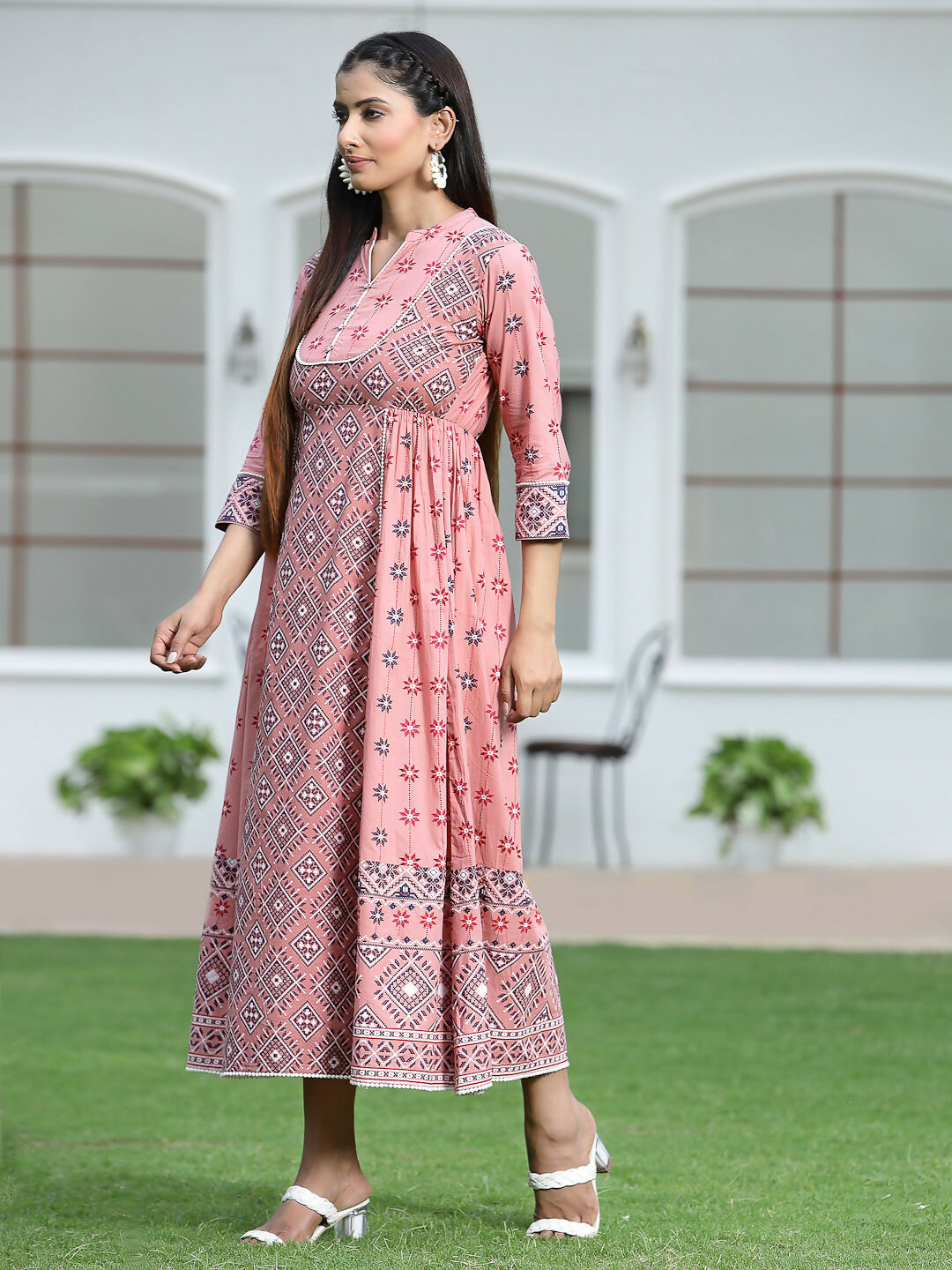 Juniper Peach Geometric Printed Pure Cotton Maxi Dress With Lace Work