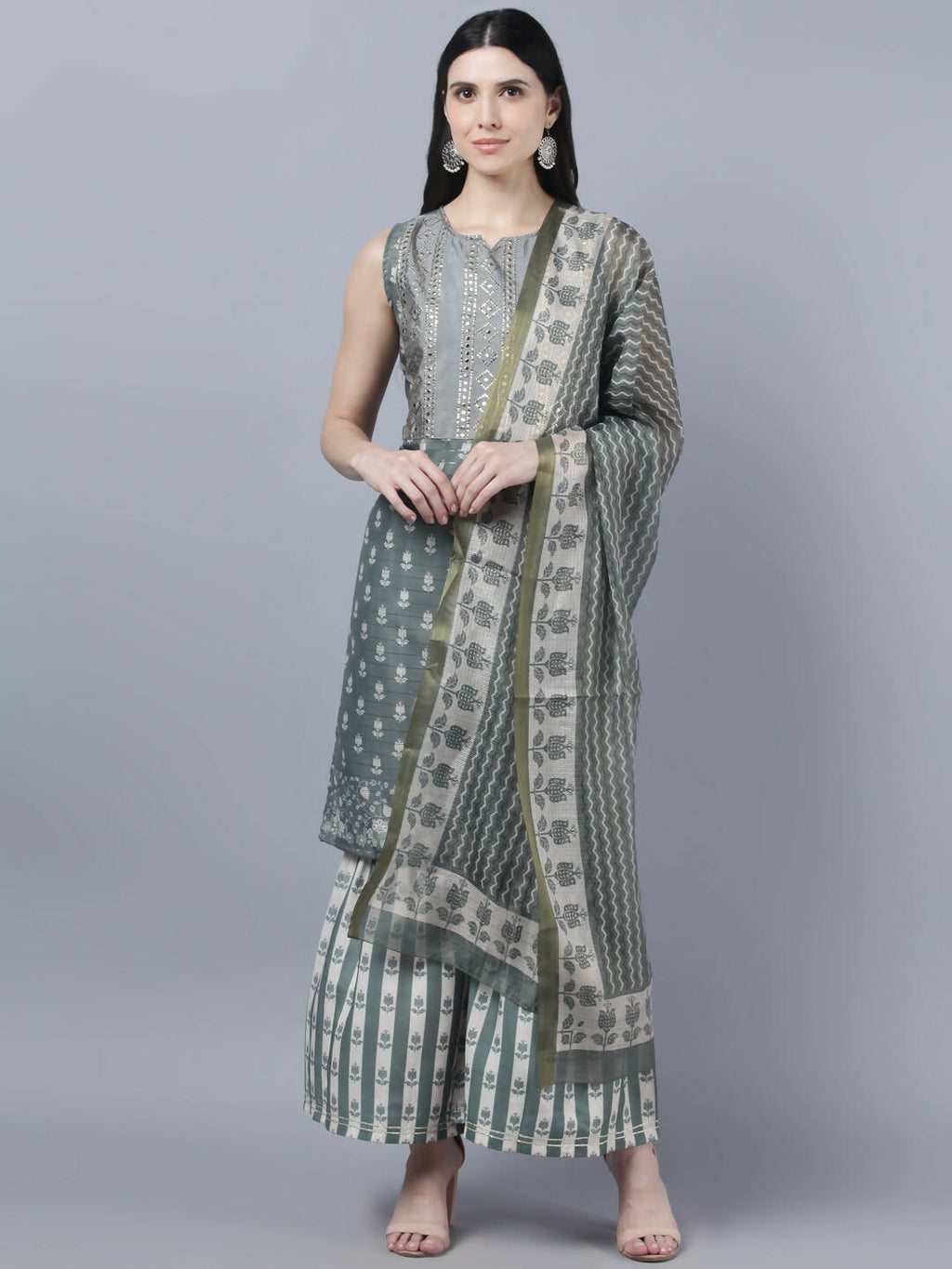 Myshka Women Grey Ethnic Motifs Printed Kurta with Shararas With Dupatta Set