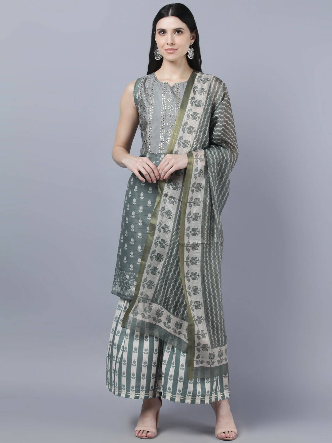 Myshka Women Grey Ethnic Motifs Printed Kurta with Shararas With Dupatta Set