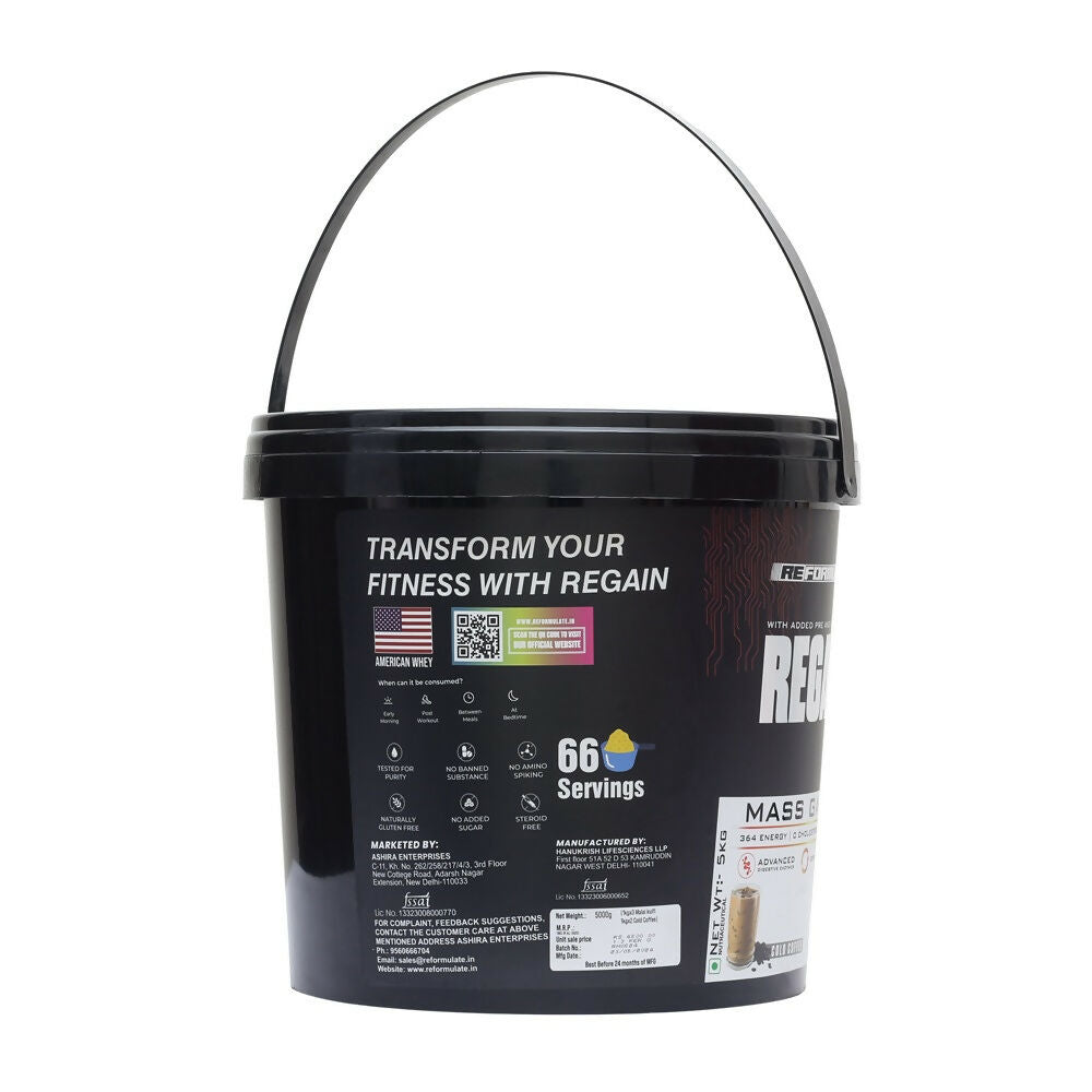 Reformulate Regain I Mass Gainer with Added Pre and Pro Biotics I 364 Energy | 1.5 Creatine - Cold Coffee & Malai Kulfi