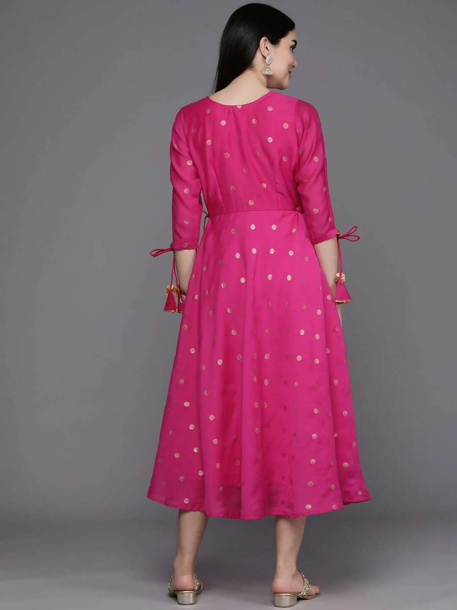 Ahalyaa Women Foil Printed A-Line Midi Ethnic Dress - Pink Color