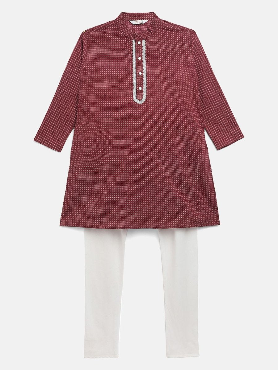 Ahalyaa Boys Maroon Pure Cotton Digital Print Kids Kurta Churidar Set