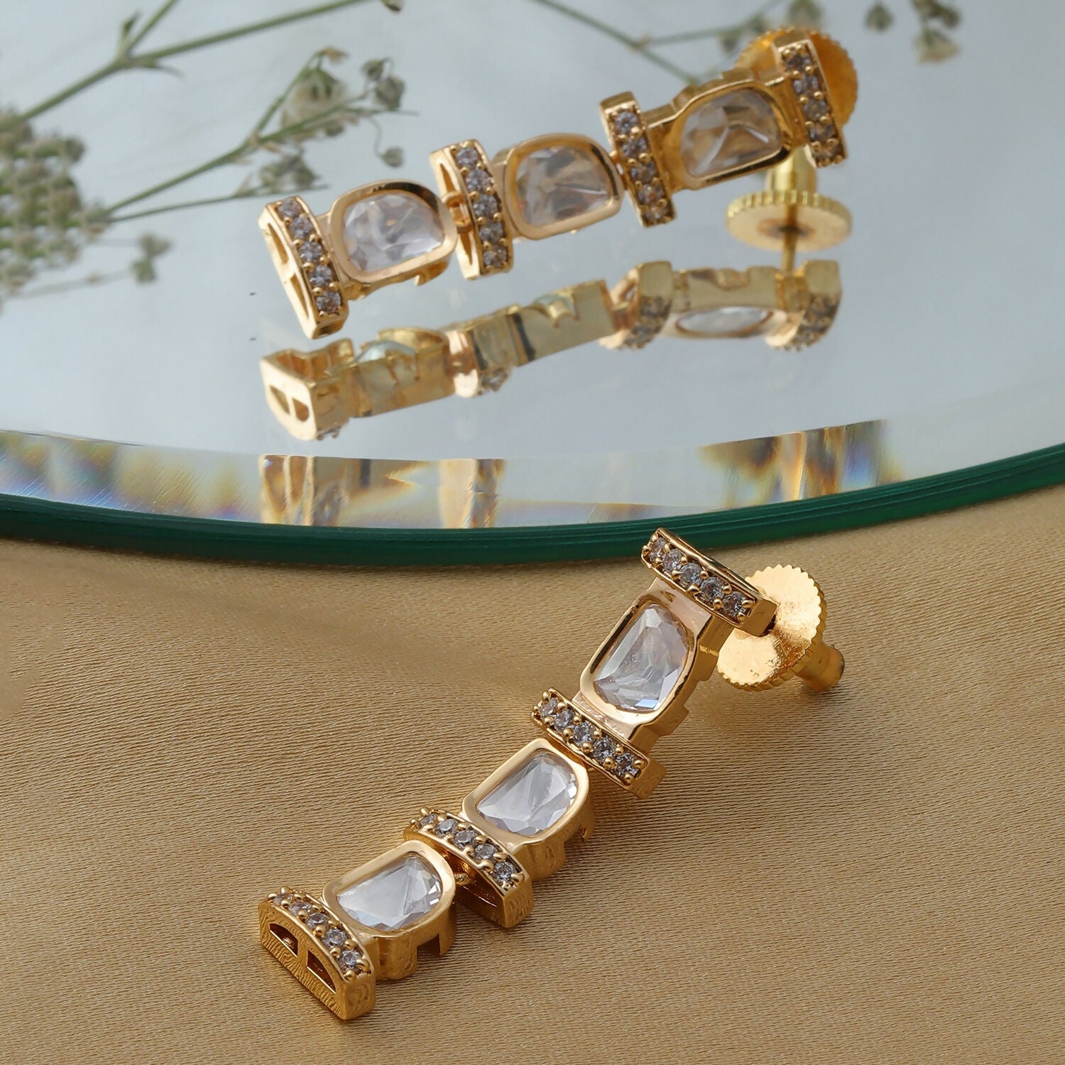 Long Kundan and Diamond Earrings (Gold) - Ruby Raang