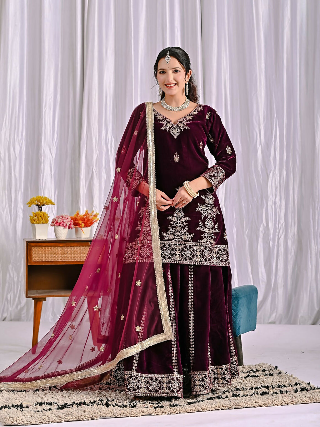 Joban Fashion Wine Velvet Sequence Embroidery Work Kurta Set
