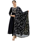 The52 Black Women's Beautiful Embroidered work Chinon Fabric with Flared Kurta, Pant and Dupatta Set