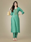 Jyoti Fashion Women's Pista Green Rayon Embroidered Kurta Pant Set