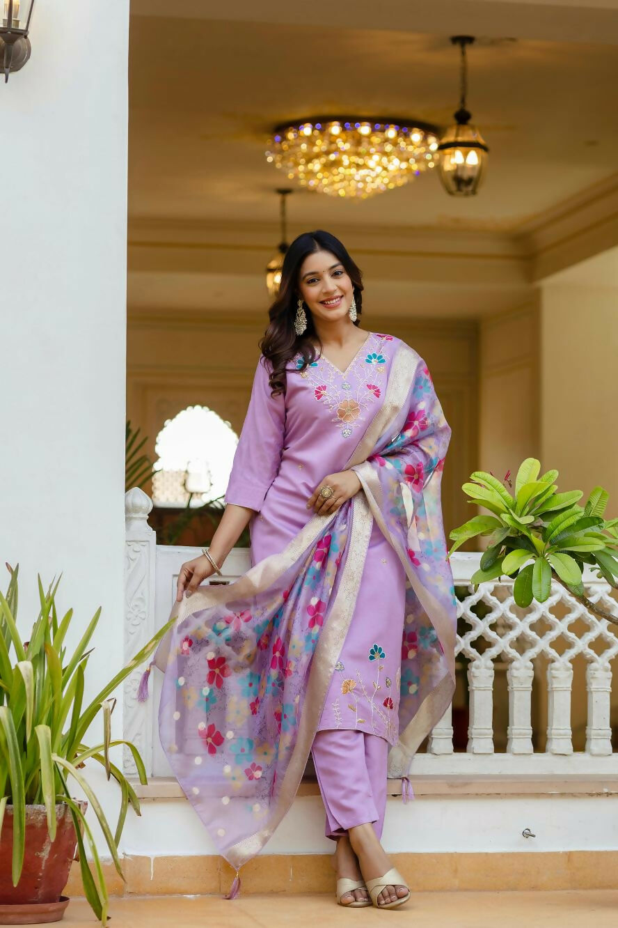 The52 Lavender Women's Gorgeous Embroidered work Viscose Gadhwal Fabric Straight Kurta, Pant and Dupatta Set