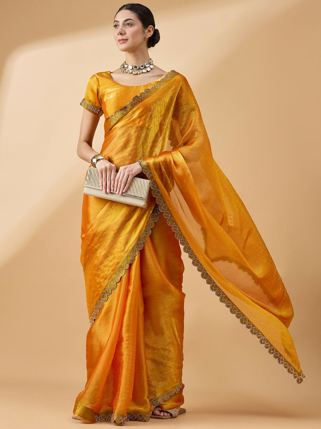 Mustard Organza Swaroski Diamond Work Saree with Unstitched Blouse - Radha