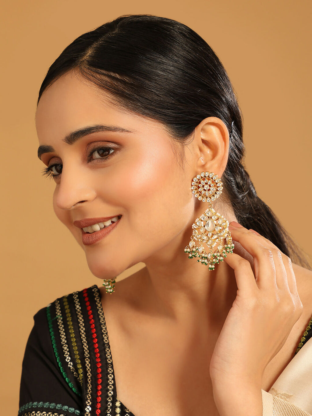 Nuyug 22K Gold Plated Traditional Kundan Studded Contemporary Dangler Earrings with Pearl and Green Bead Accents