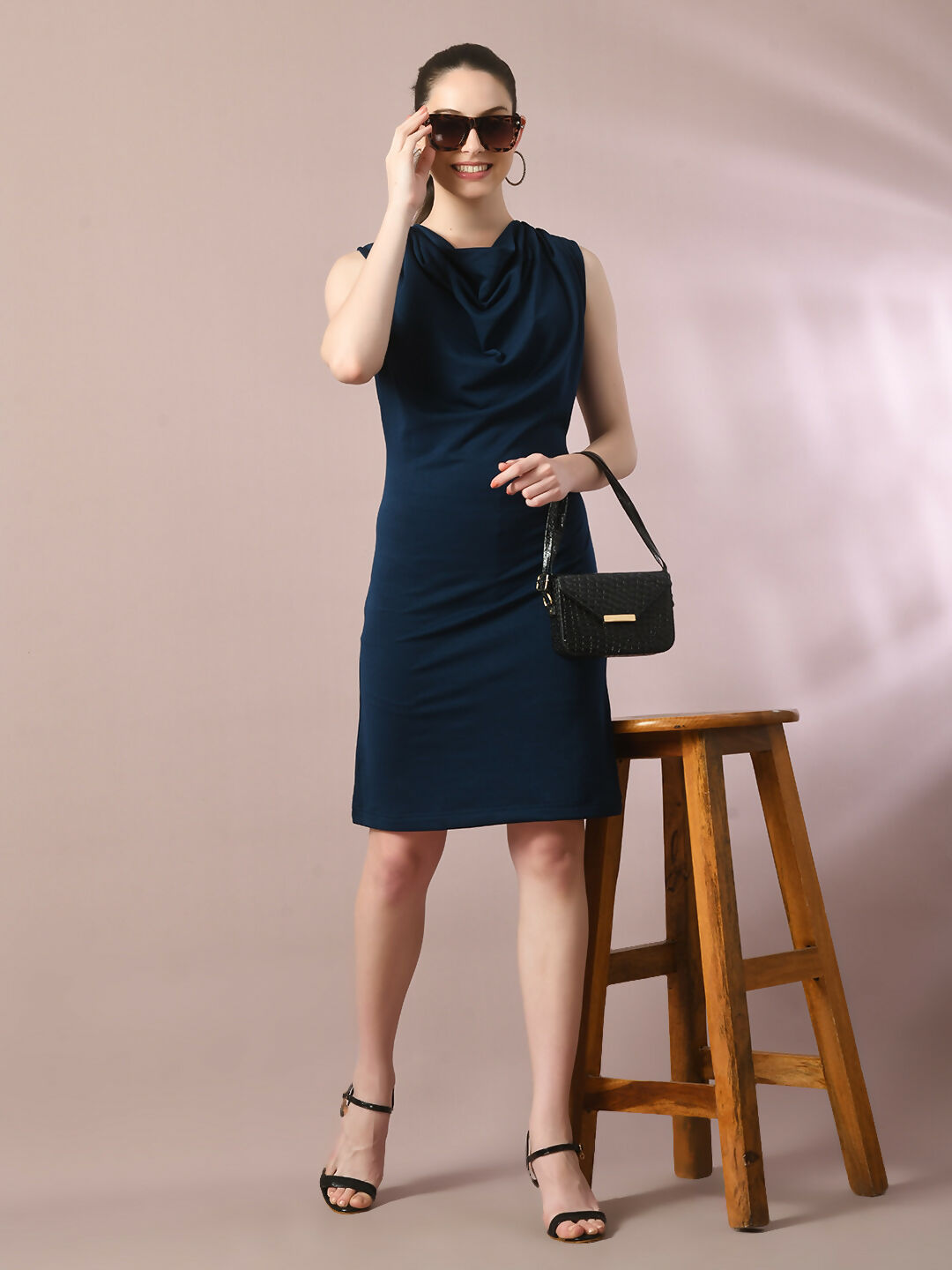Myshka Women's Navy Blue Solid Cowl Neck Bodycon Party Dress