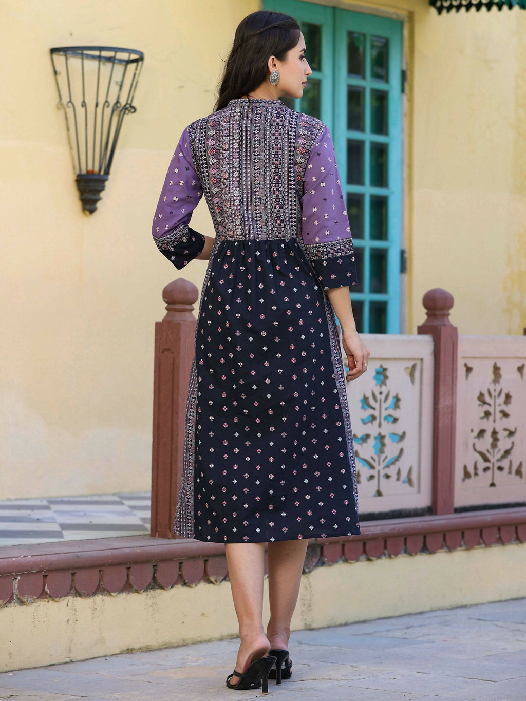 Juniper Women's Lavender Printed Embroidered Flared Dress