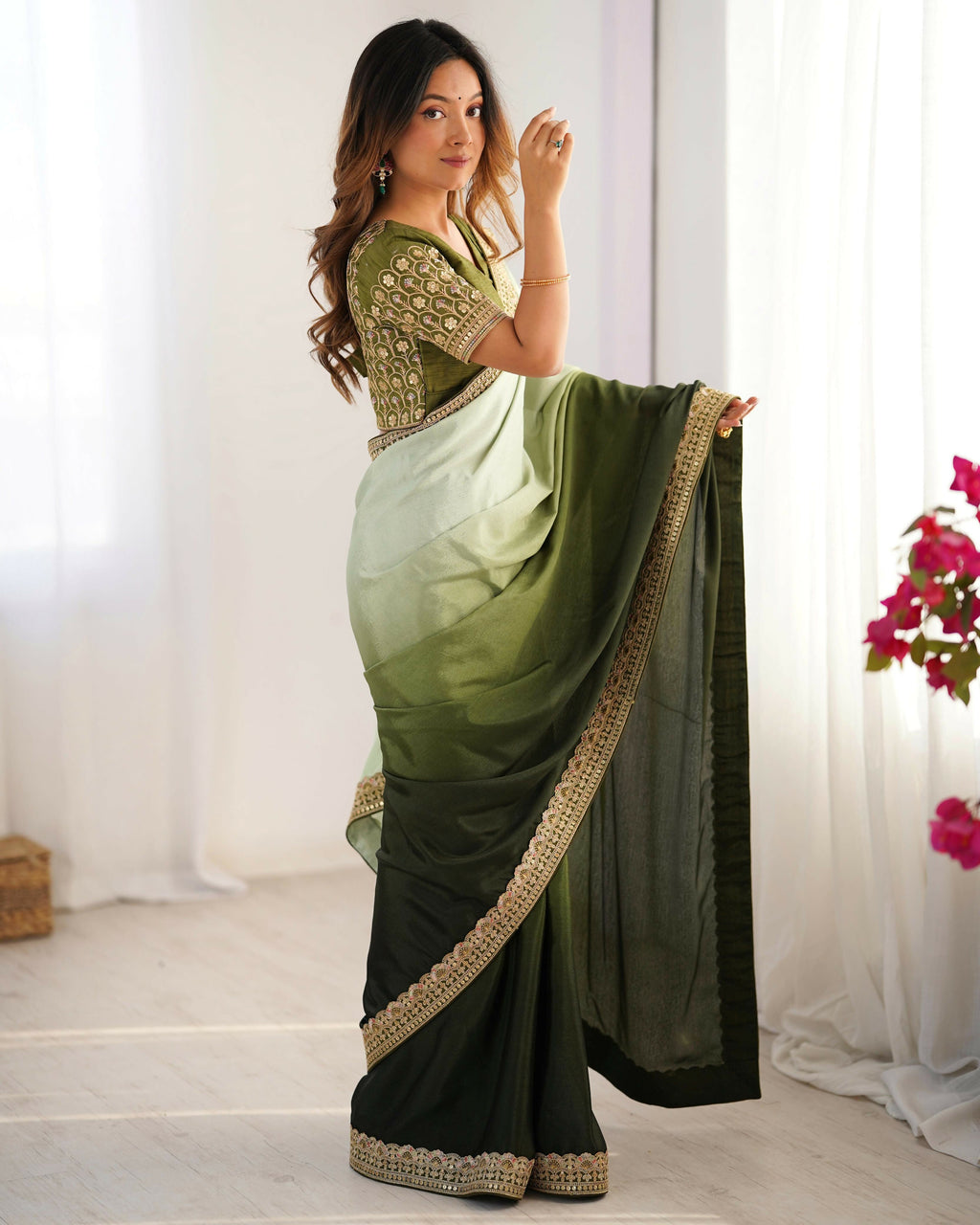 Exclusive Collection Pista Green Party Wear Chinon Salk Saree