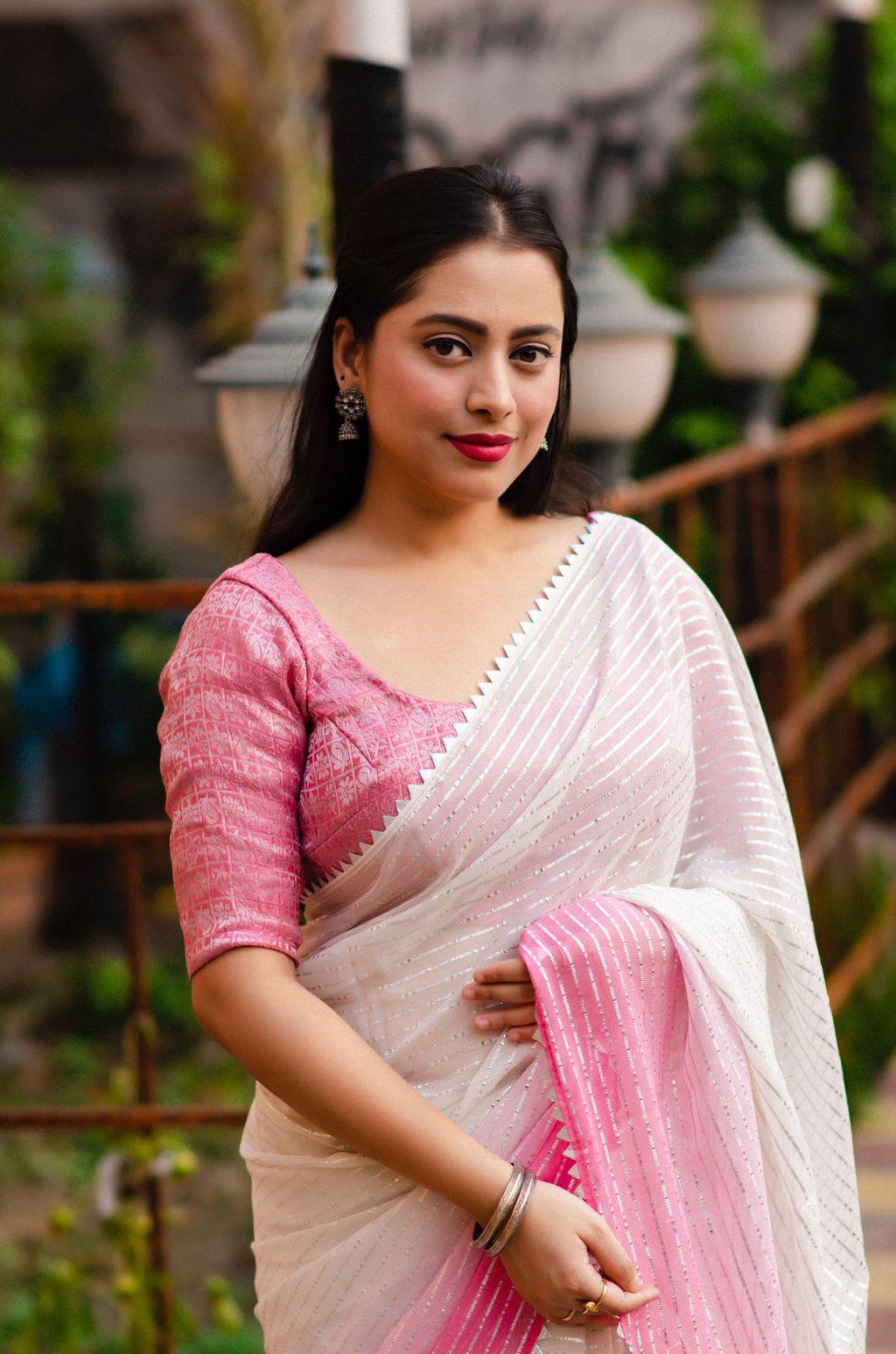 Pink Poly Chiffon Striped Saree with Unstitched Blouse - Hiral Fashion