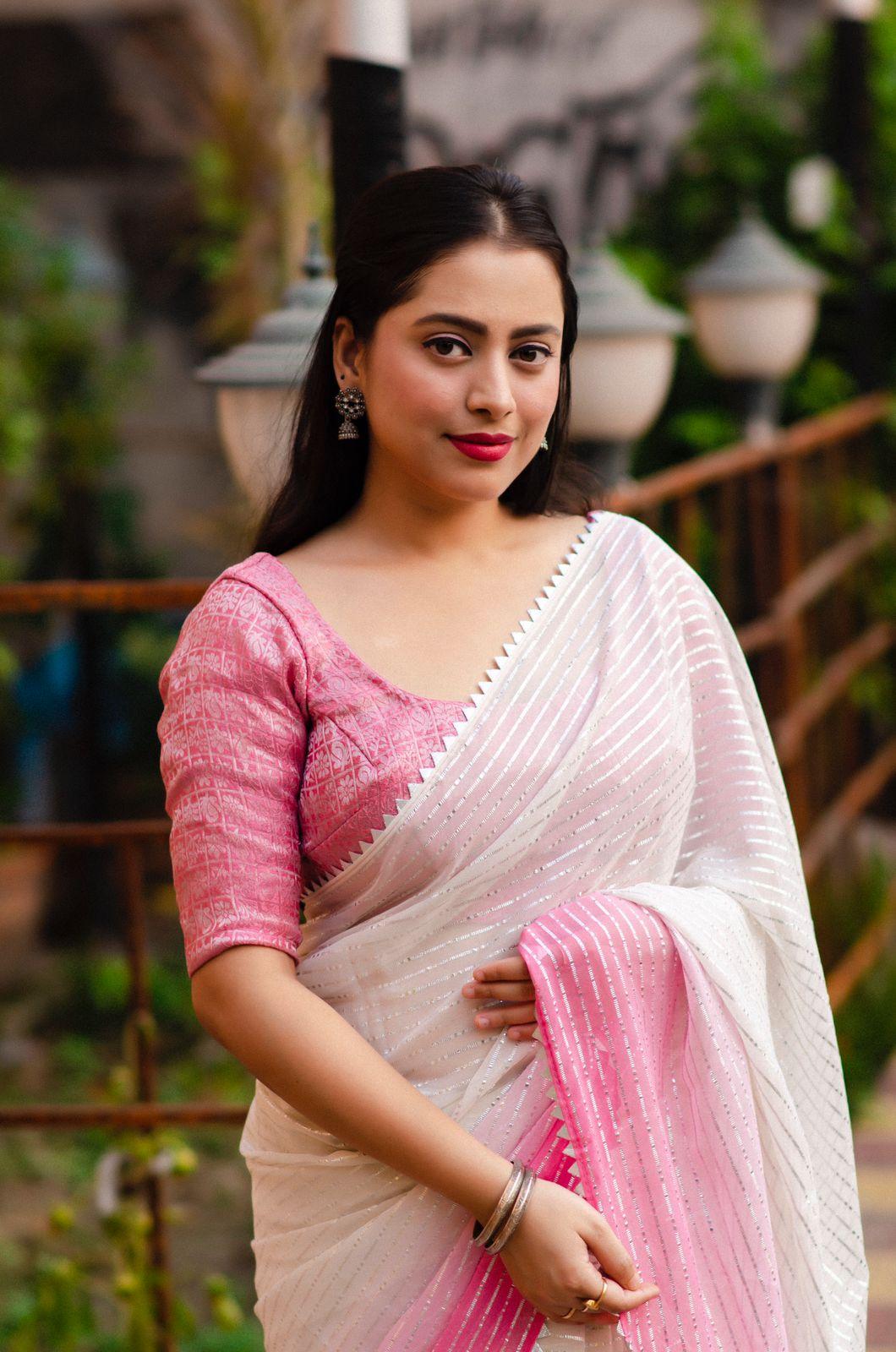 Pink Poly Chiffon Striped Saree with Unstitched Blouse - Hiral Fashion