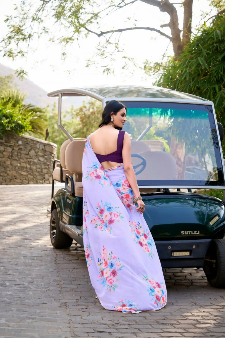 Vastranavya Lavender Weightless Marble Printed & Pearl Lace Border Saree with Unstitched Blouse
