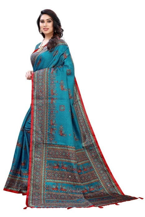 Vamika Blue Mirror Work With Jhalar Khadi Silk Saree (AASHI BLUE)
