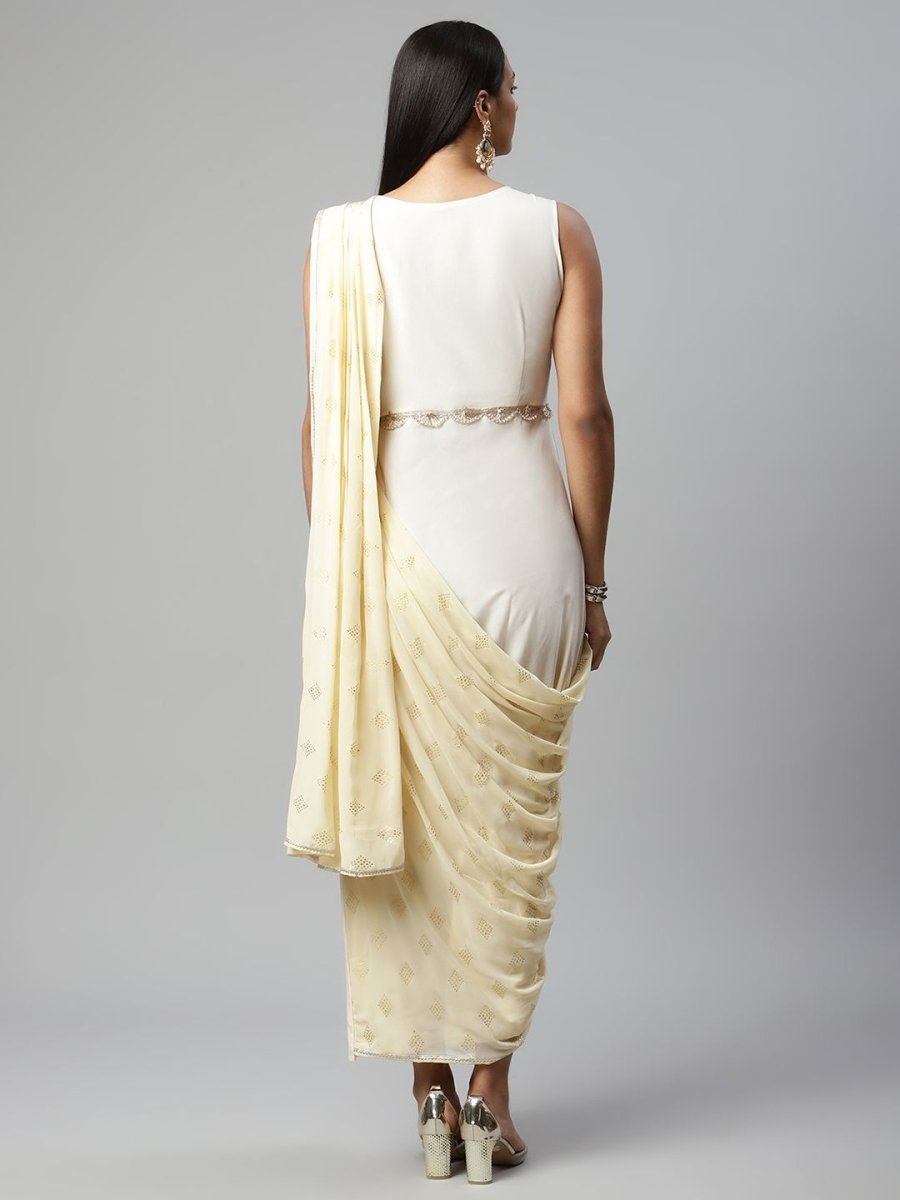 Ahalyaa Women Off White Crepe Georgette Saree Dress With Printed Pallu