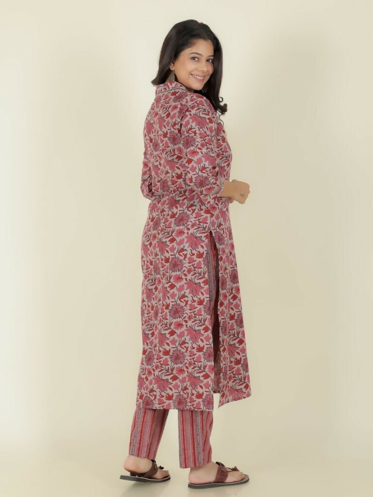 Aramya Straight Linen Cotton Floral Print Women's Kurta Set - Grey