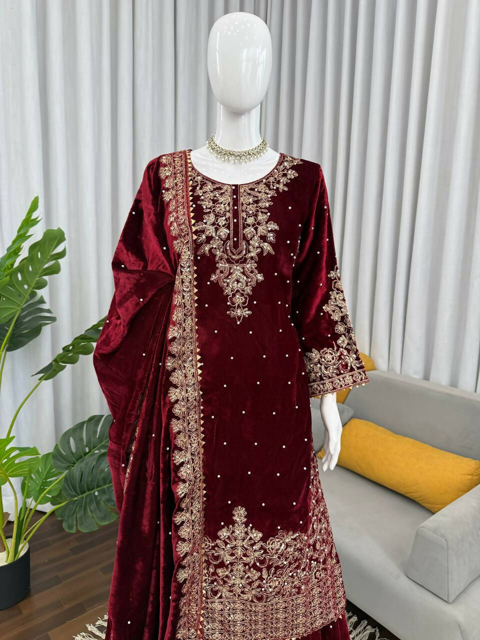 Vastranavya Maroon Viscose Velvet Cording Sequence With Moti Work Top-Bottom With Dupatta