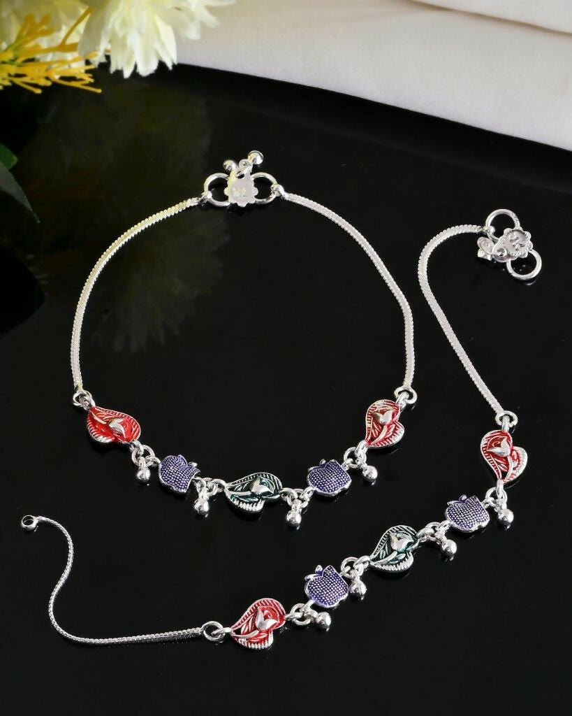 VOJ Set of 2 Silver Plated Designer Multi Color Anklet