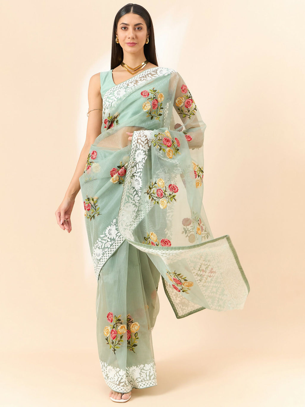Green Organza Floral Embroidered Saree with Unstitched Blouse Piece - Roozal