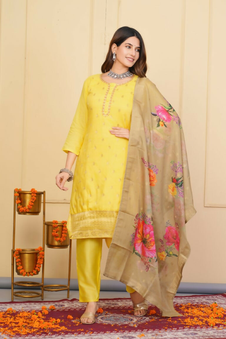 Yellow Viscose Organza Jacquard Embroidered Stitched Suit With Dupatta - Tanisha