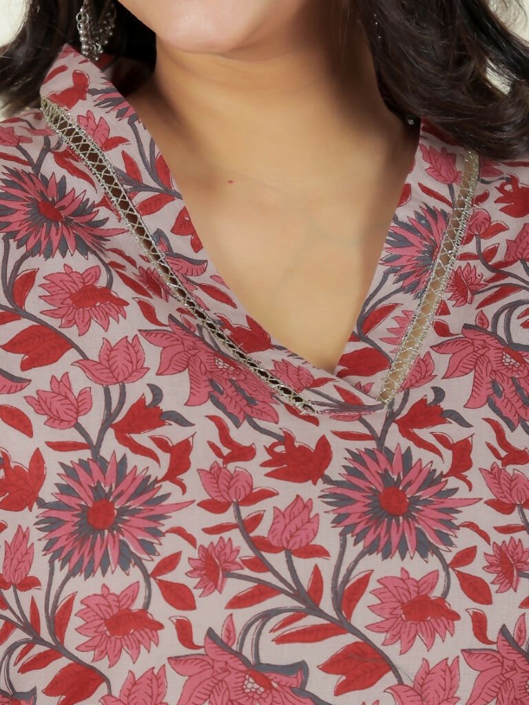 Aramya Straight Linen Cotton Floral Print Women's Kurta Set - Grey