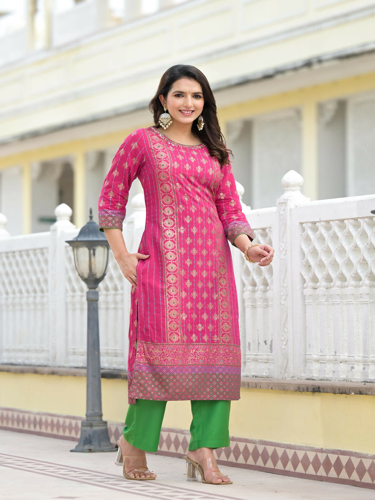 Juniper Women's Fuchsia Ethnic Motif Printed Muslin Kurta Pant With Dupatta Set With Beads & Sequins