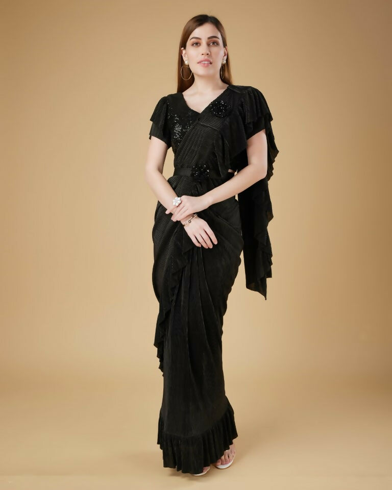 Black Imported Crush Solid Ready to Wear Saree with stitched Blouse - Aayan