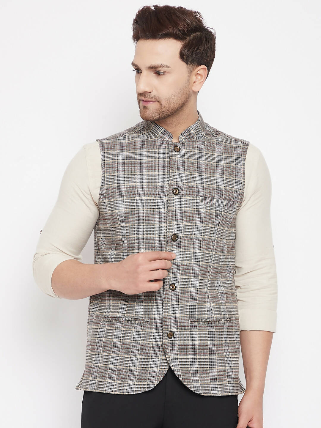 Even Apparels Brown Merino Men Woven Nehru Jacket PW729