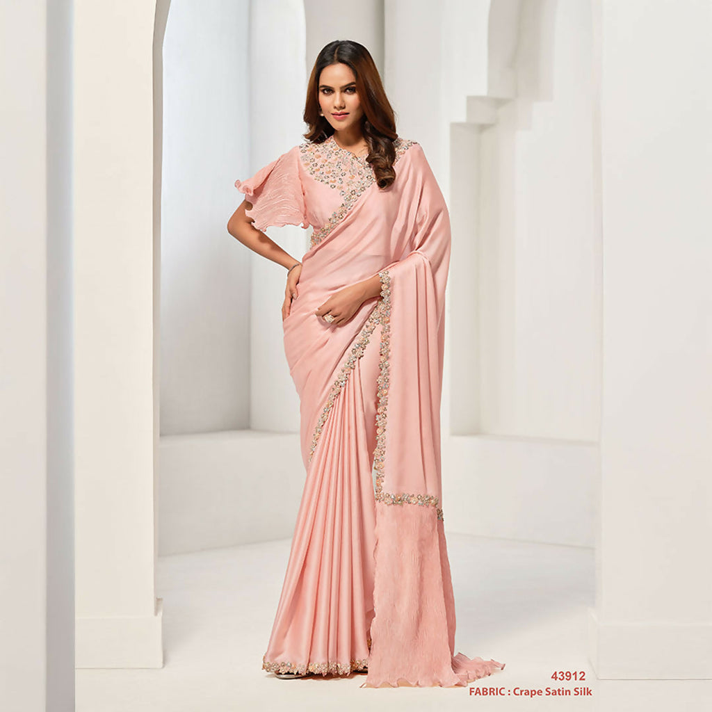 Peach Crepe Satin Silk Sequence & Handwork Saree With Unstitched Blouse - Norita Saanjh