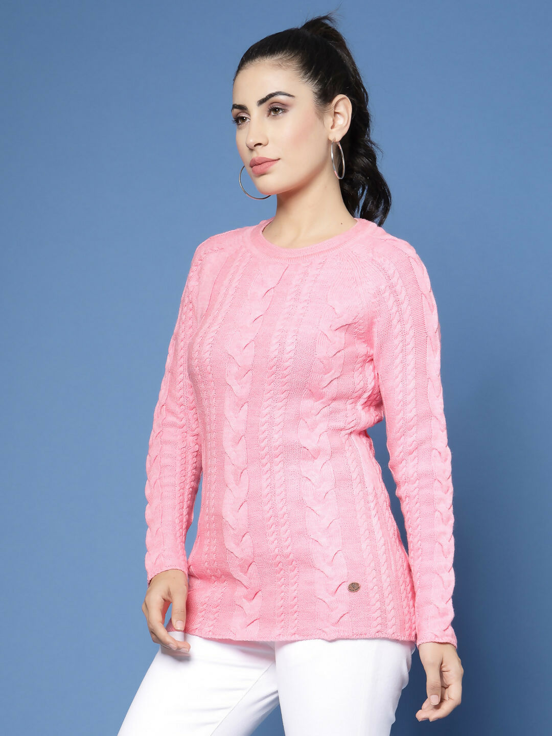 Women Pink Acrylic Self Design Winter Dress - Wool Trees