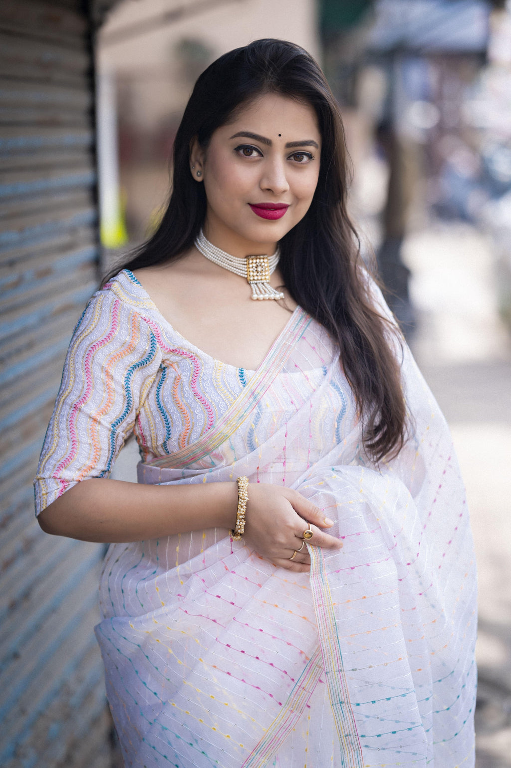 White Organza Thread Saree with Unstitched Blouse - Hiral Fashion