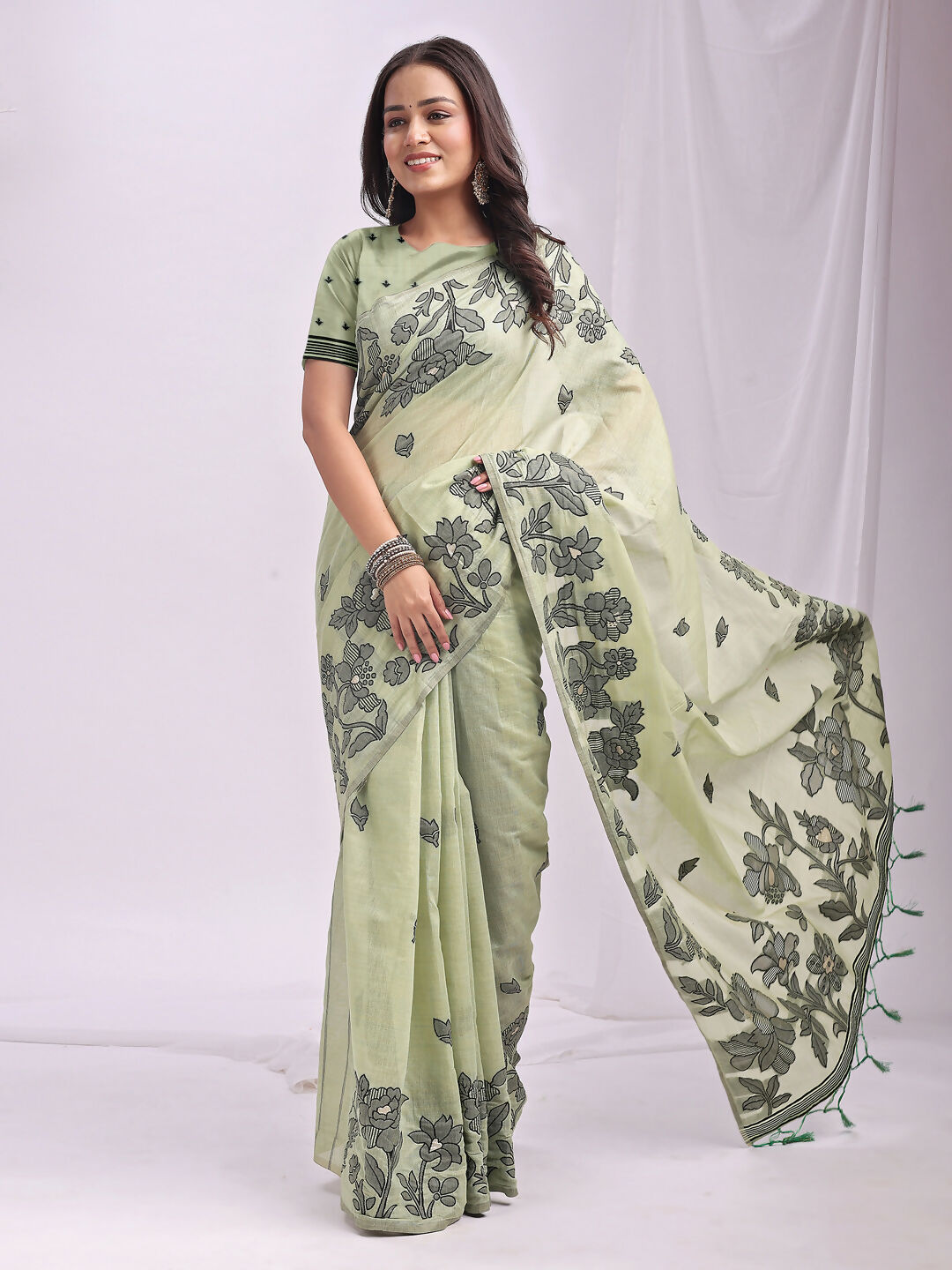 Shree Shyam Fashion Kashira Light Green Linen Cotton Saree