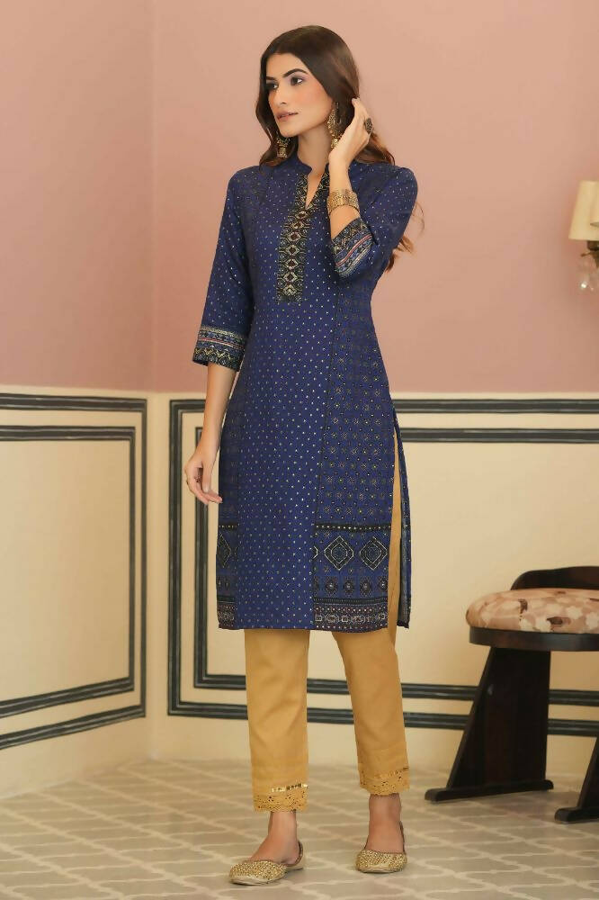 Juniper Indigo Rayon Festive Gold Foil Printed Straight Kurta For Women