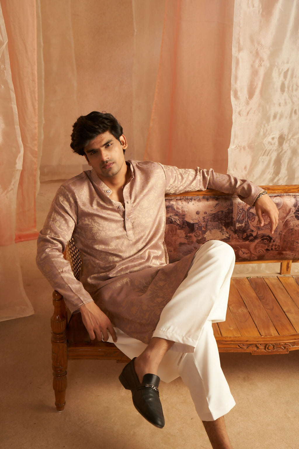 Mauve Modal Silk Wevon Designer Men's Kurta Set - Mahotsav