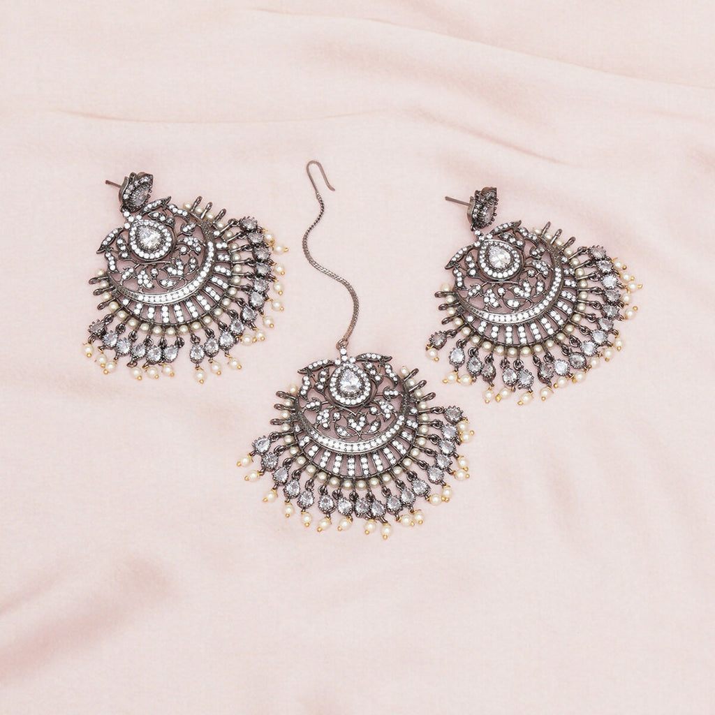 Diamond Earrings with Matching Maang Tikka- Ruby Raang