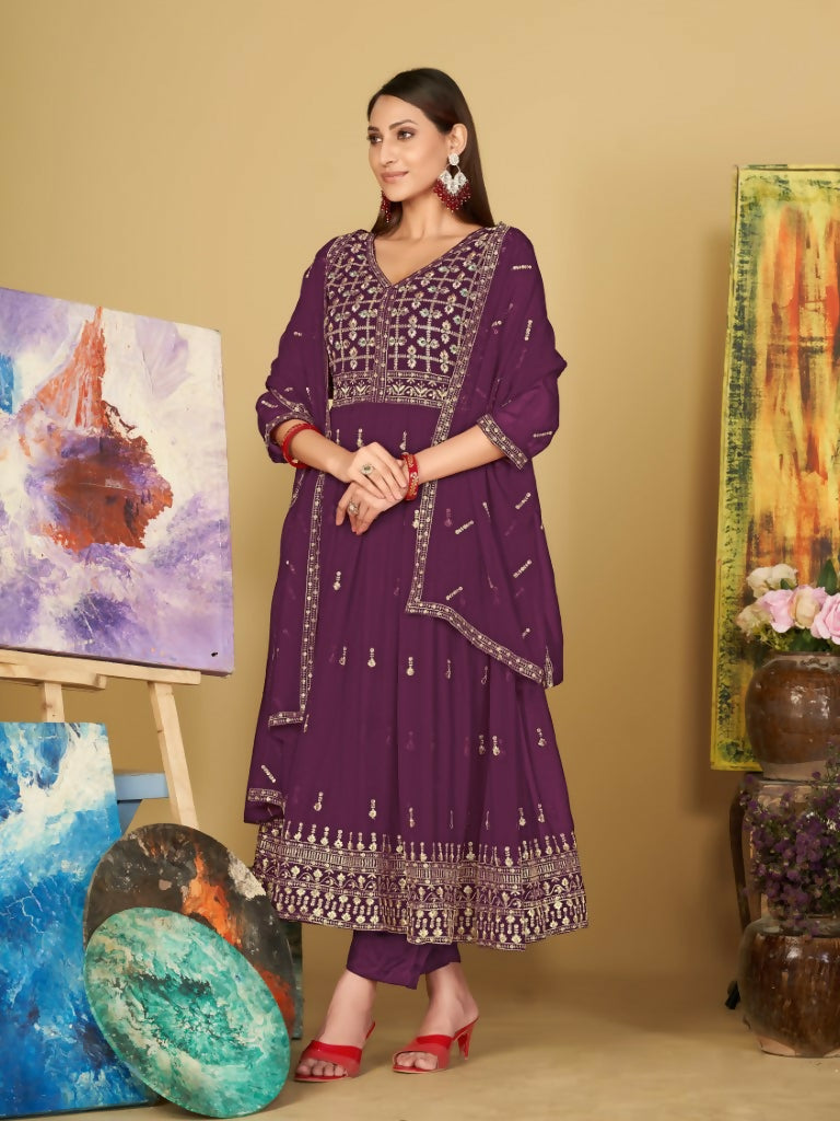 Jyoti Fashion Women's Purple Georgette Embroidered Anarkali Kurta Pant Set With Dupatta
