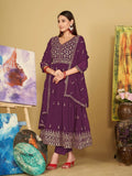 Jyoti Fashion Women's Purple Georgette Embroidered Anarkali Kurta Pant Set With Dupatta