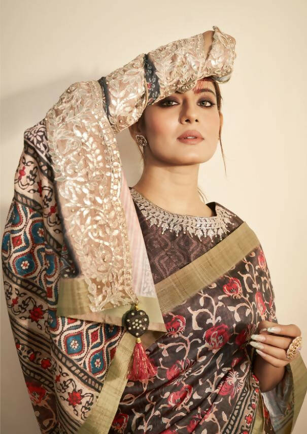 Brown Bhagalpuri Silk Floral Print with Hand work & Stone Work Border Saree - Norita Nirvi