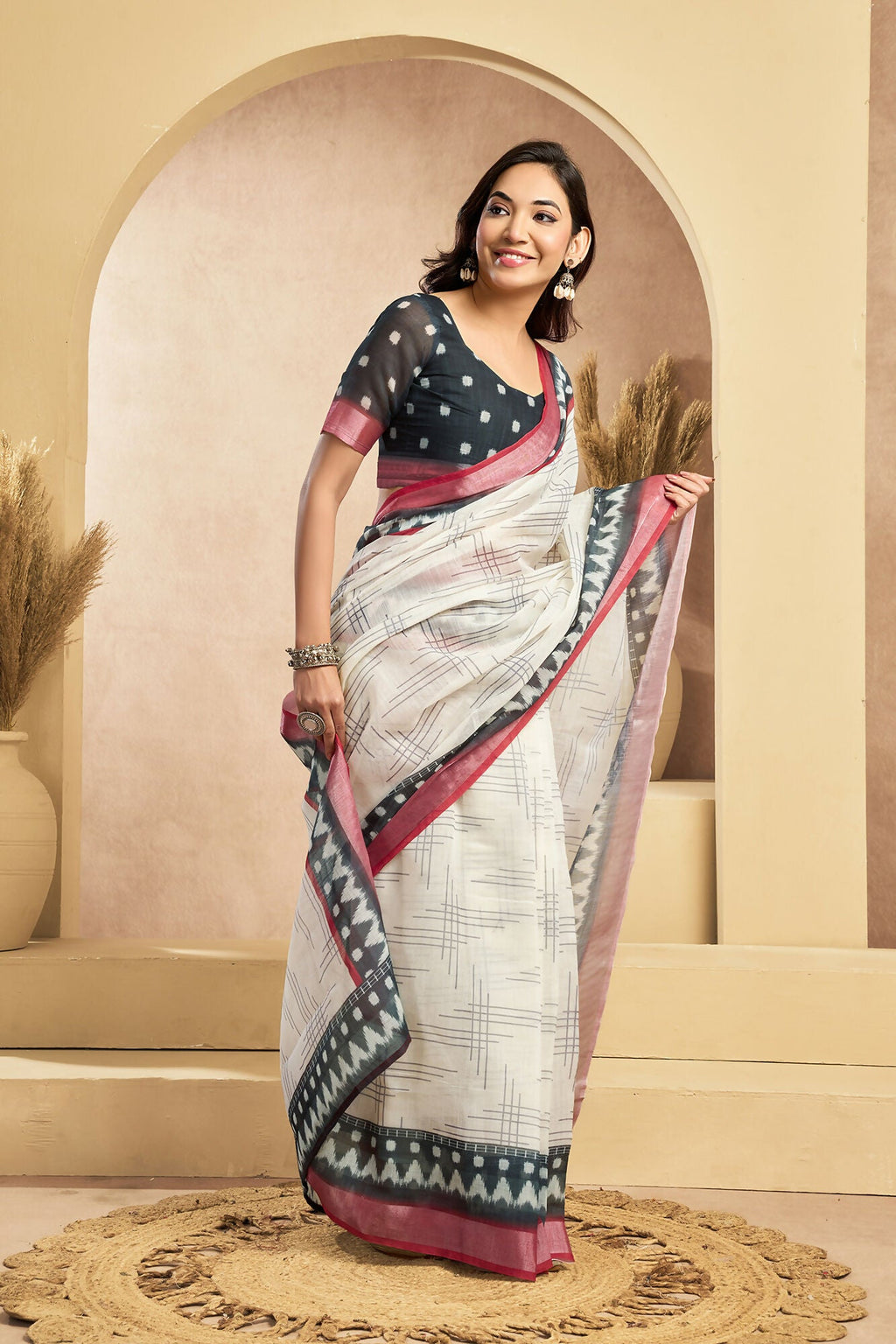 Vastranavya Digital Printed Linen Ready To Wear Pocket Saree with Unstitched Blouse