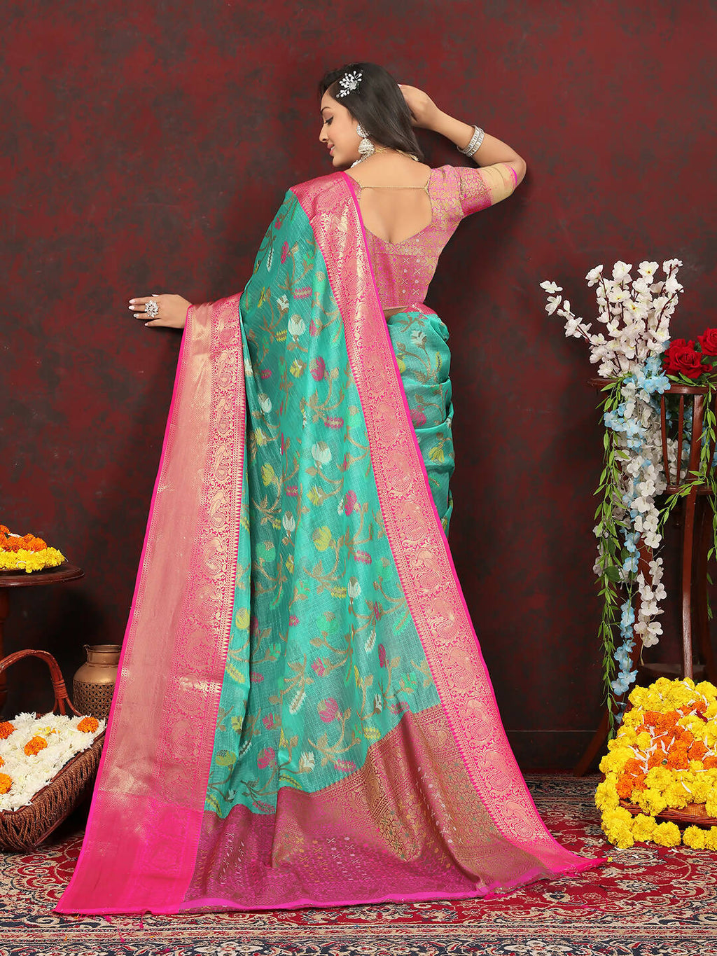 Lorenvalley Fashion Teal Cotton Woven Design Zari Meenakari Weaving Saree