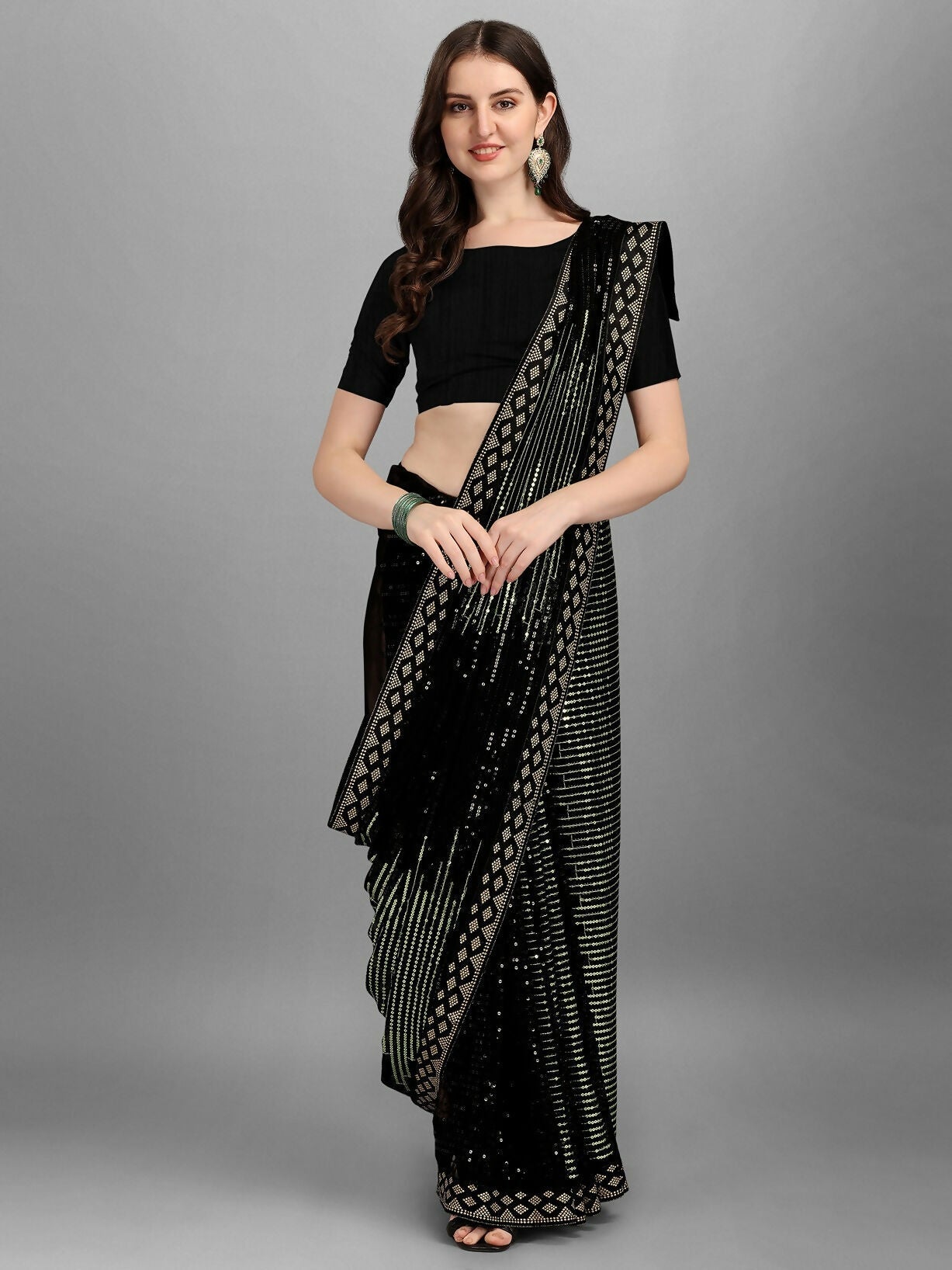 Vegaa Fashion Black Georgette Embroidered Party Wear Saree