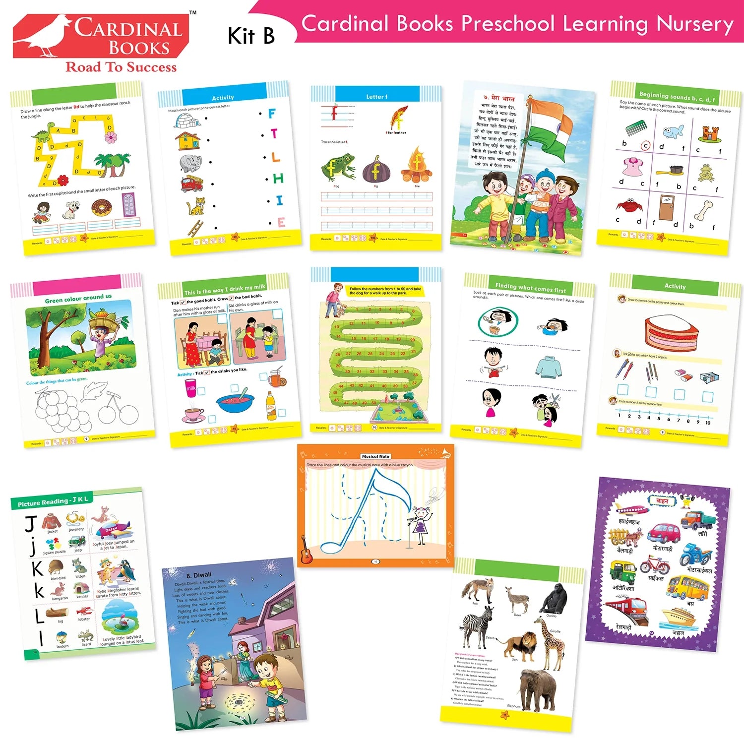 Cardinal Books Preschool Learning Junior KG (LKG) Kit C Set of 16| Ages 4-5 Years| Alphabet| Number| Rhymes and Stories| Phonic| Hindi Varnmala
