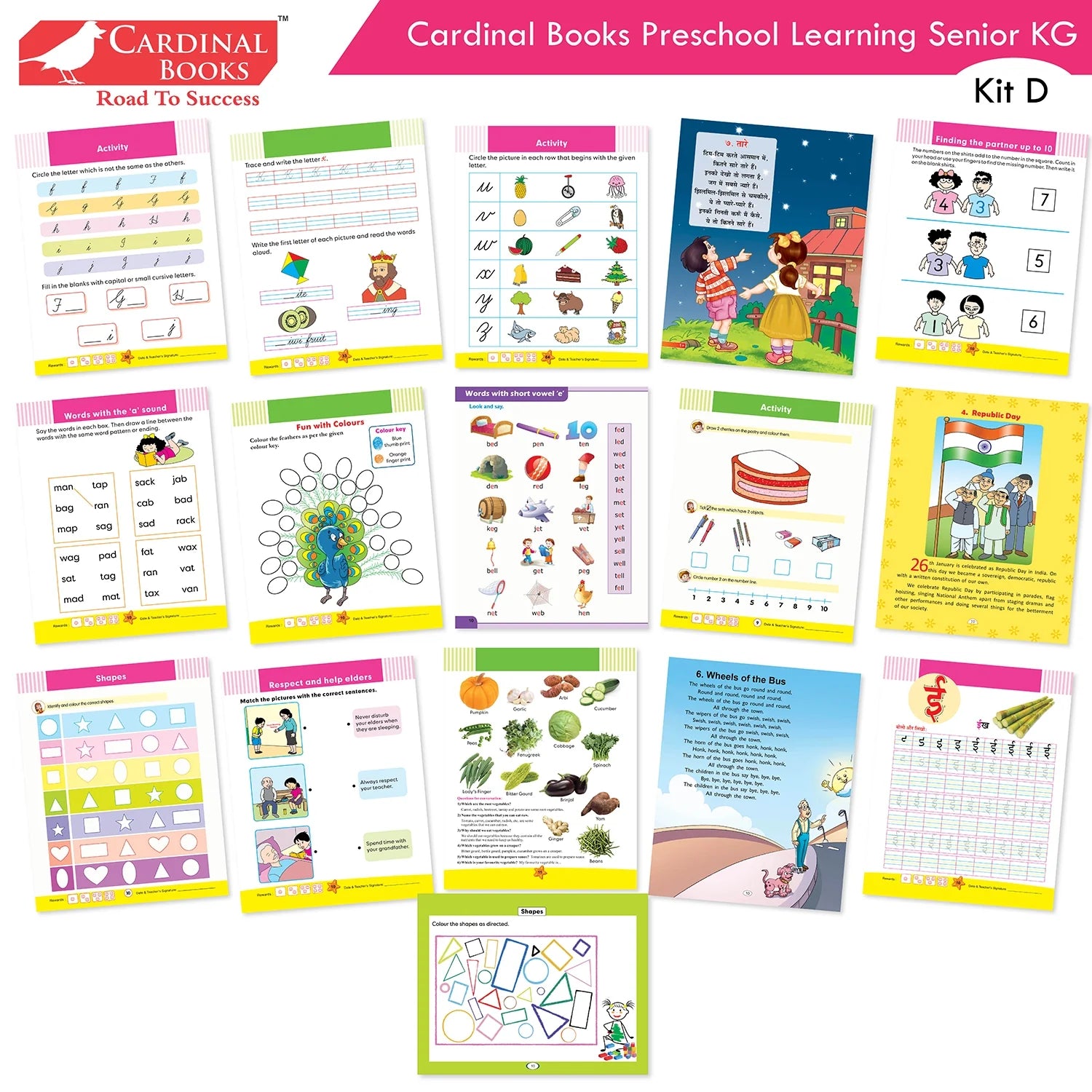 Cardinal Books Preschool Learning Senior KG (UKG) Kit D Set of 16| Cursive Alphabet| Number|Rhymes and Stories| Phonic|Ages 5-6 Years +