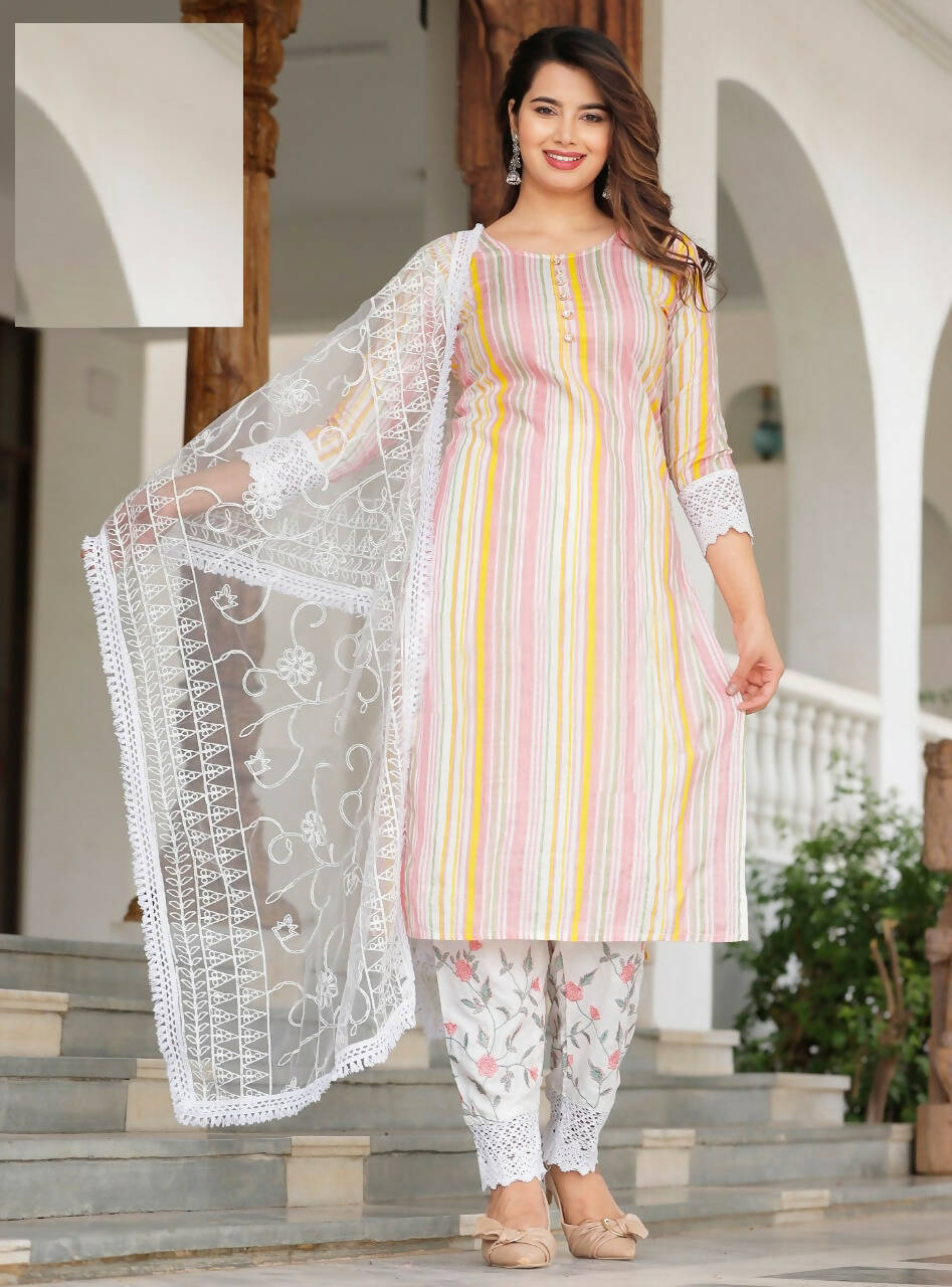 Vamika Lace Work Rayon Multicolor Party Wear/Casual Wear Kurta Set/Suit
