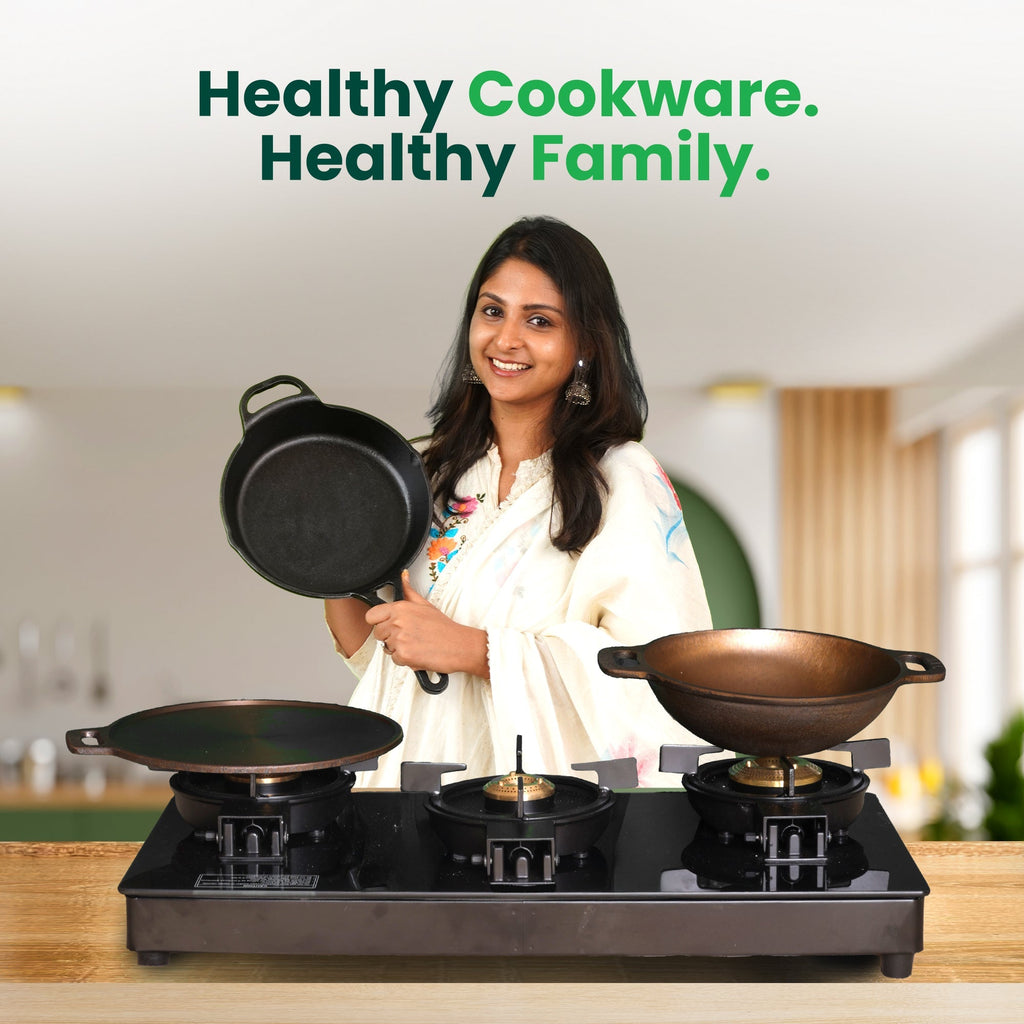 The Indus Valley 9 Pit/Cup CASTrong Cast Iron Paniyaram/Appe Pan+ Spatula, Pre-seasoned, Natural Nonstick, 100% Pure, Toxin-free, 18.2 cm, 1.34 kg