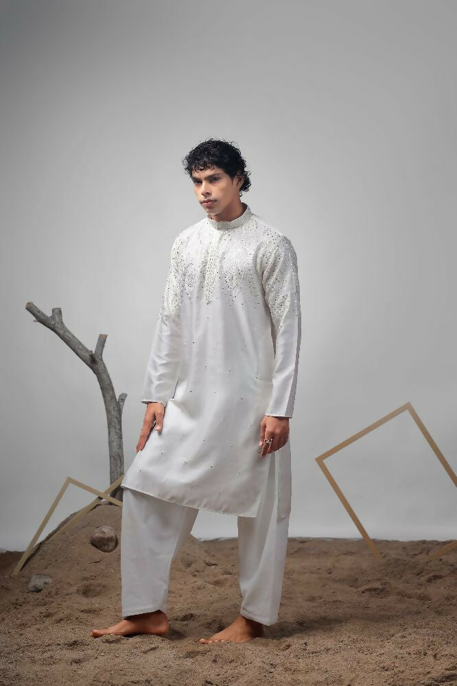 White Greek Satin Heavy Embroidery Work Kurta Set - Mahotsav