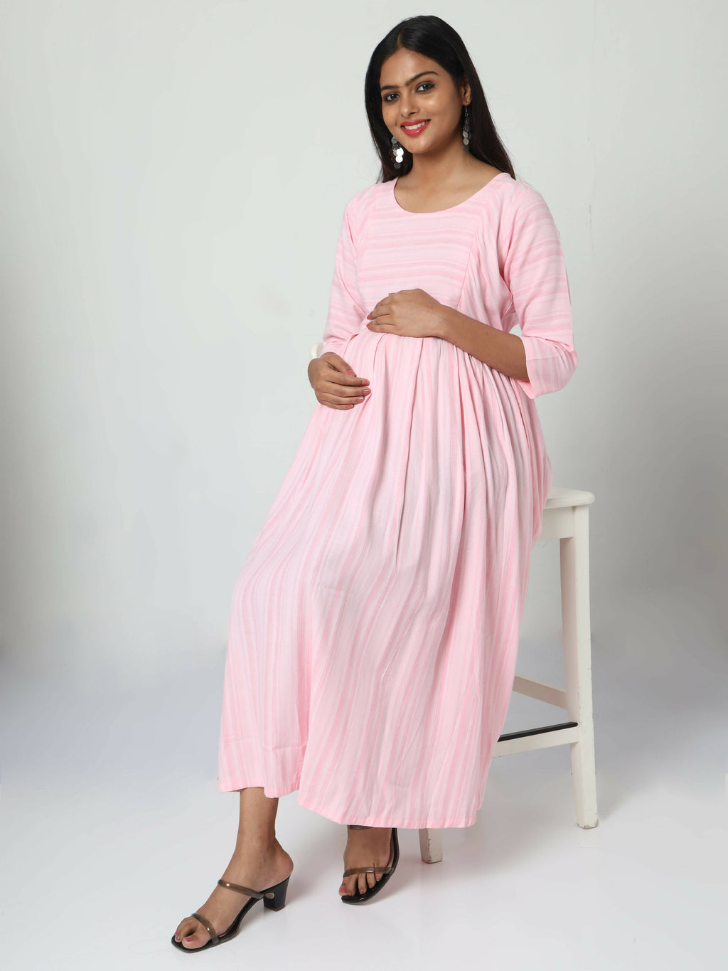 Manet Three Fourth Maternity Dress Striped With Concealed Zipper Nursing Access - Pink