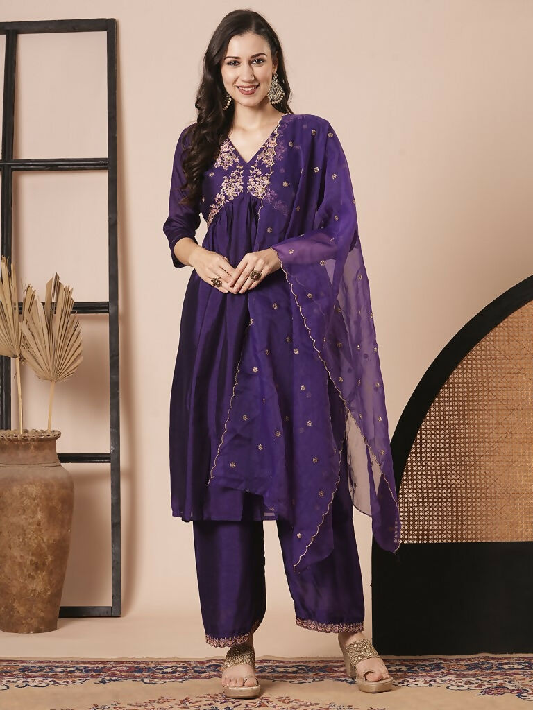 Purple Vichitra Silk Embroidery Work Kurta Set - Riya